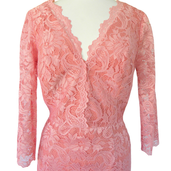 Maggy London NWT Pink V-Neck Lace Midi Dress 3/4 Sleeves Size 10 Blush Pink - Picture 3 of 11